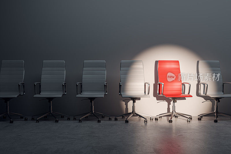 求职面试，招聘理念。一排椅子，只有一张是空的。工作机会。聚光灯下的红椅子。业务领导。3 d渲染。